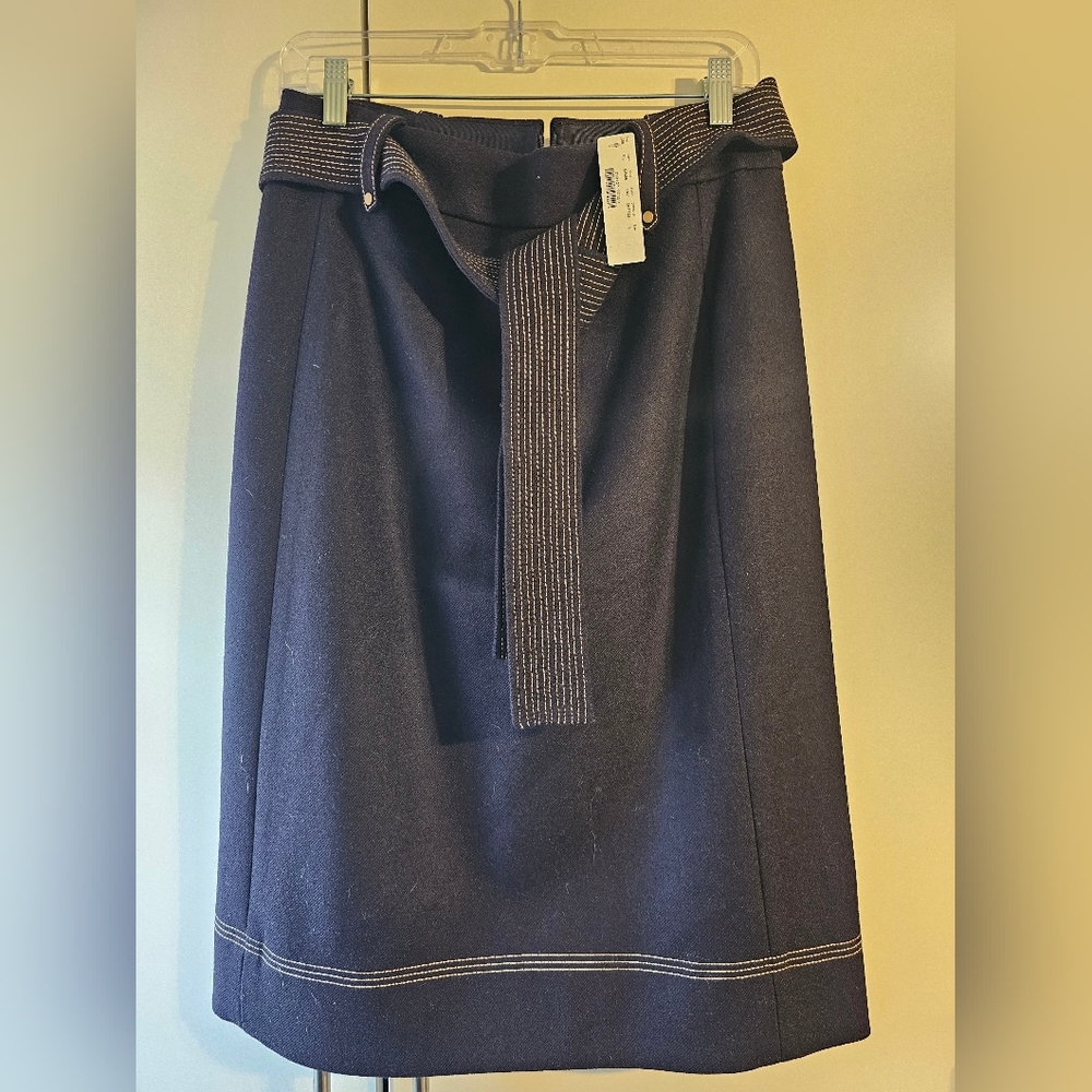 J. Crew Navy Blue Wool, Fully Lined Midi Skirt with Belt - Picture 2 of 2